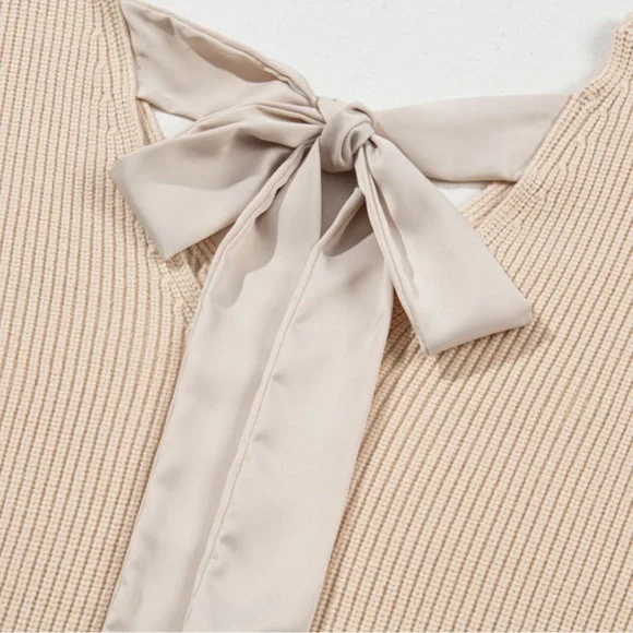 Apricot Lantern Sleeve V Neck Satin Bow Back Sweater - Picture 4 of 5
